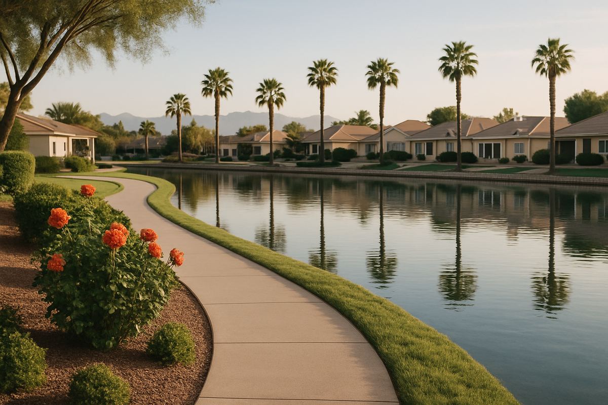 Walking path beside a calm lake with palm trees and single-story homes
