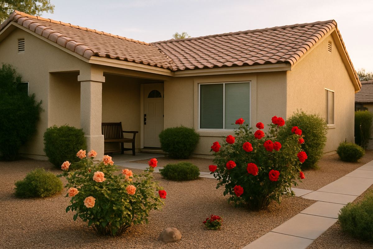 Single-story home with a desert garden and a covered front porch