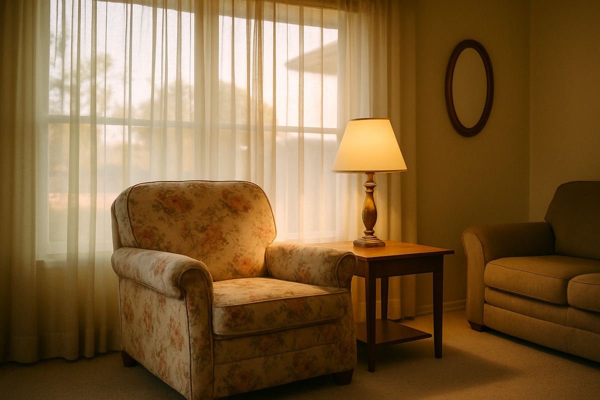 Floral armchair and reading lamp in a sunlit living room