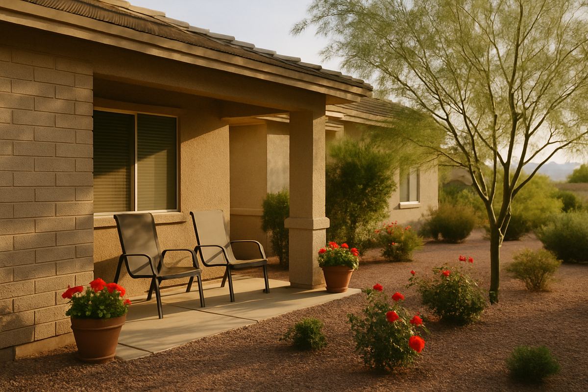 Shaded front porch with two patio chairs and potted geraniums