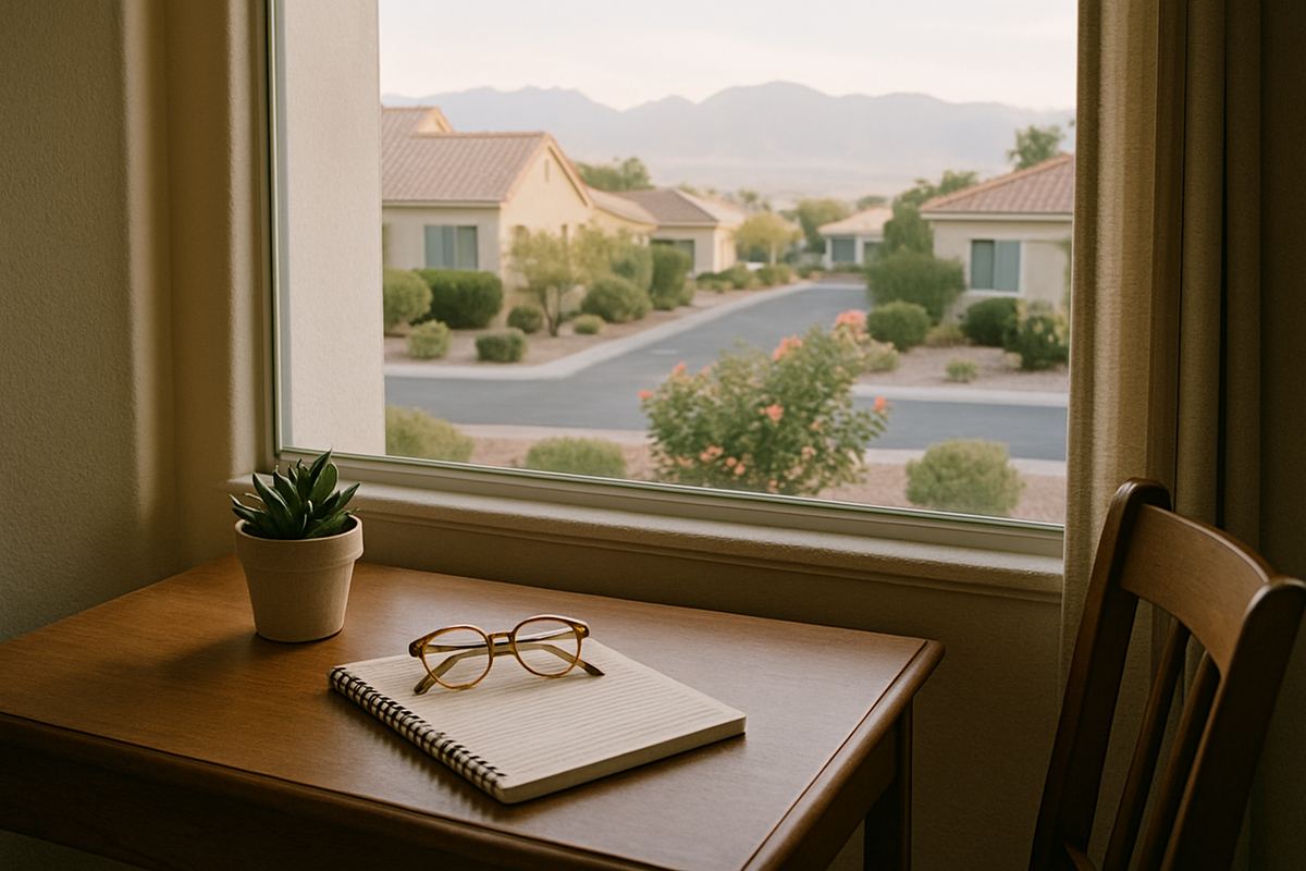 Writing desk with notepad and reading glasses by a window