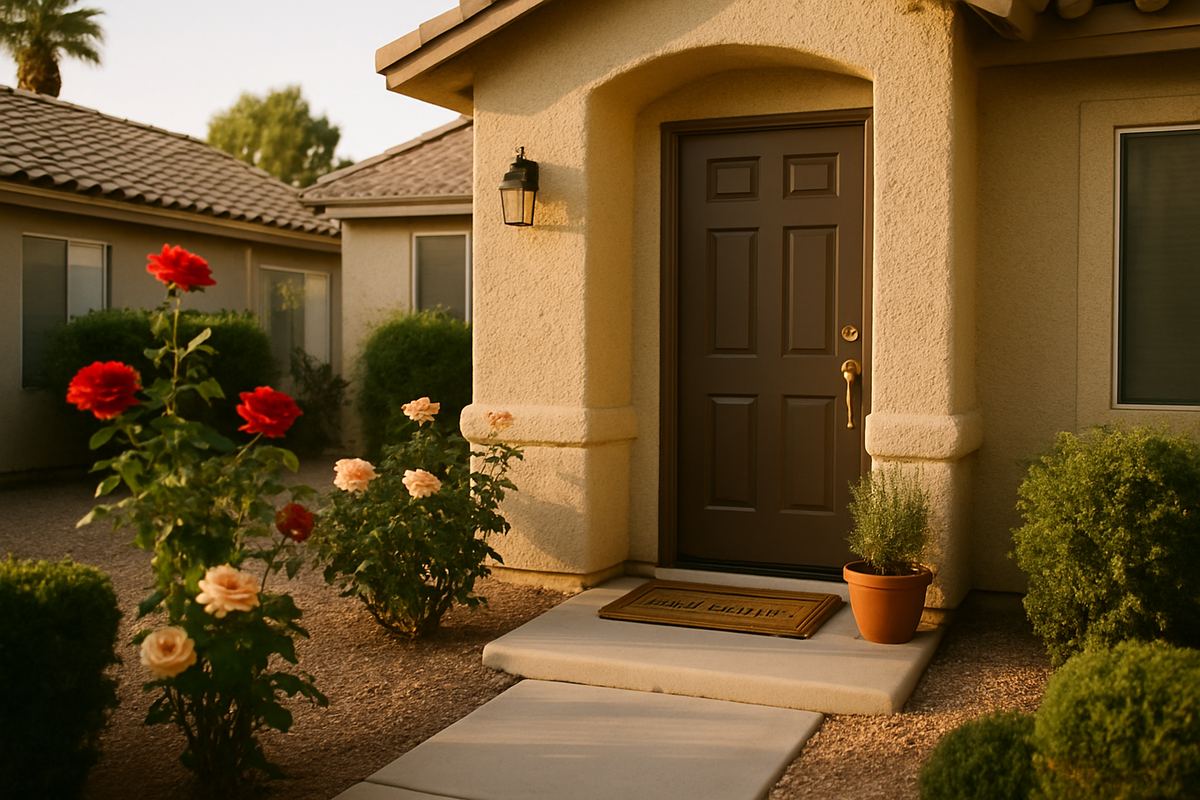 Front door of a stucco home with a pot of rosemary by the step
