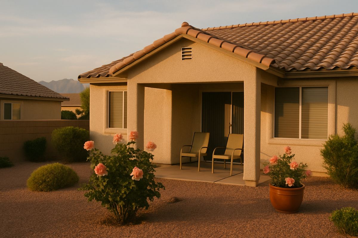 Covered patio with two chairs and potted roses at a single-story home