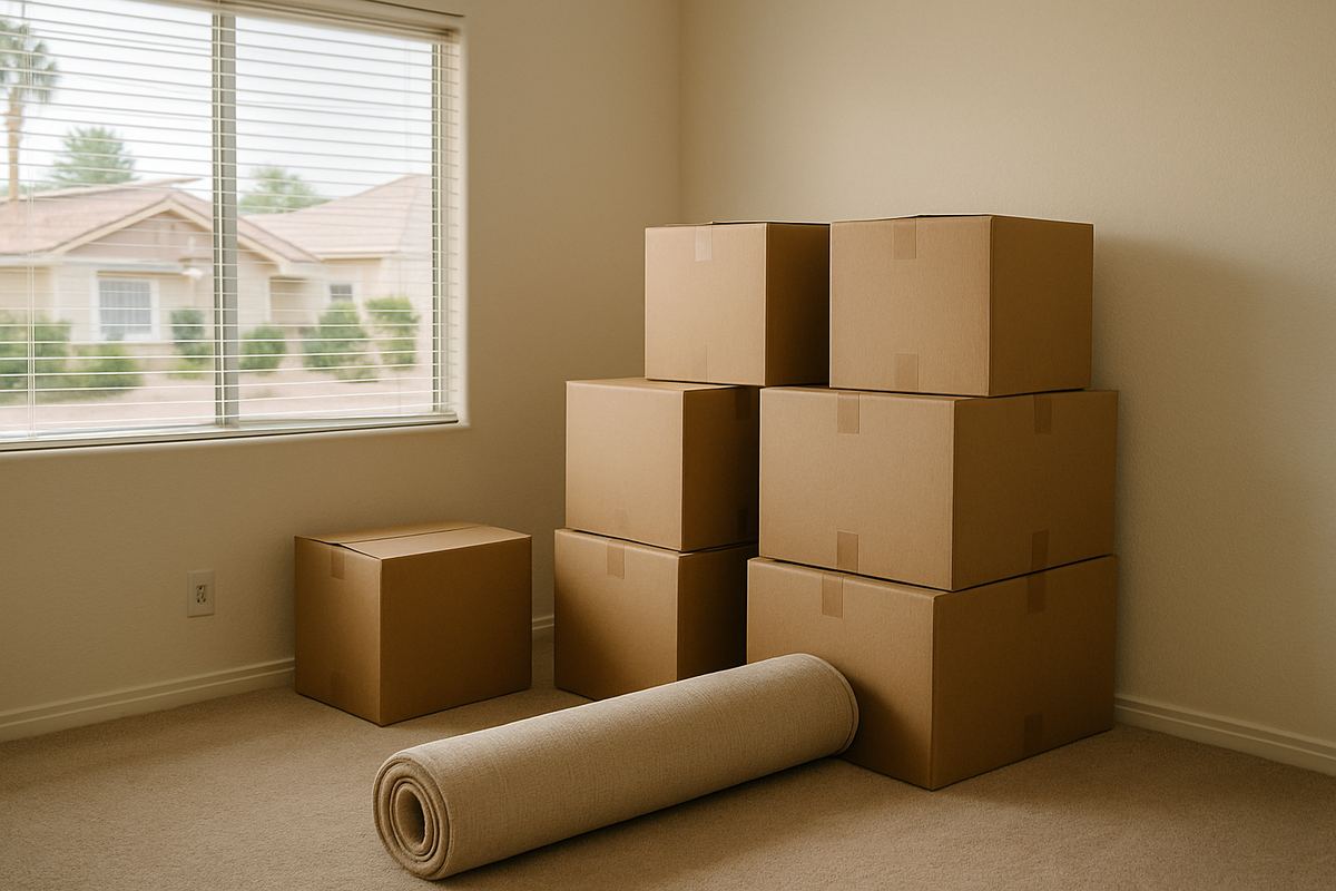 Stacked moving boxes in a bright spare bedroom