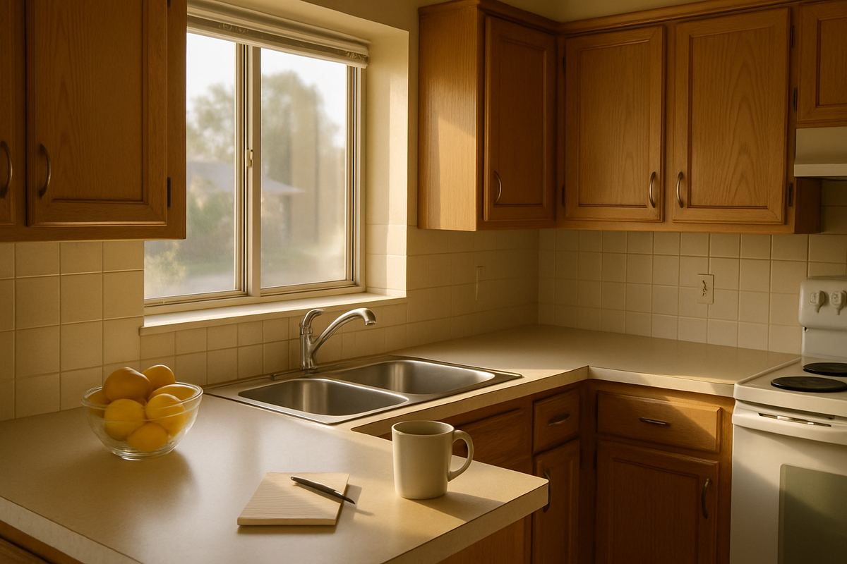 Sunny kitchen counter with a notepad and coffee mug