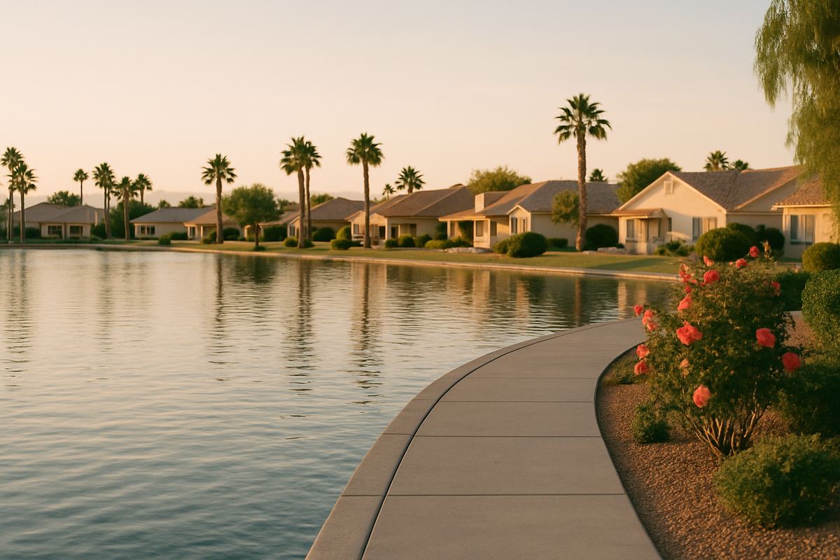 Lakeside walkway with palms and homes across the water