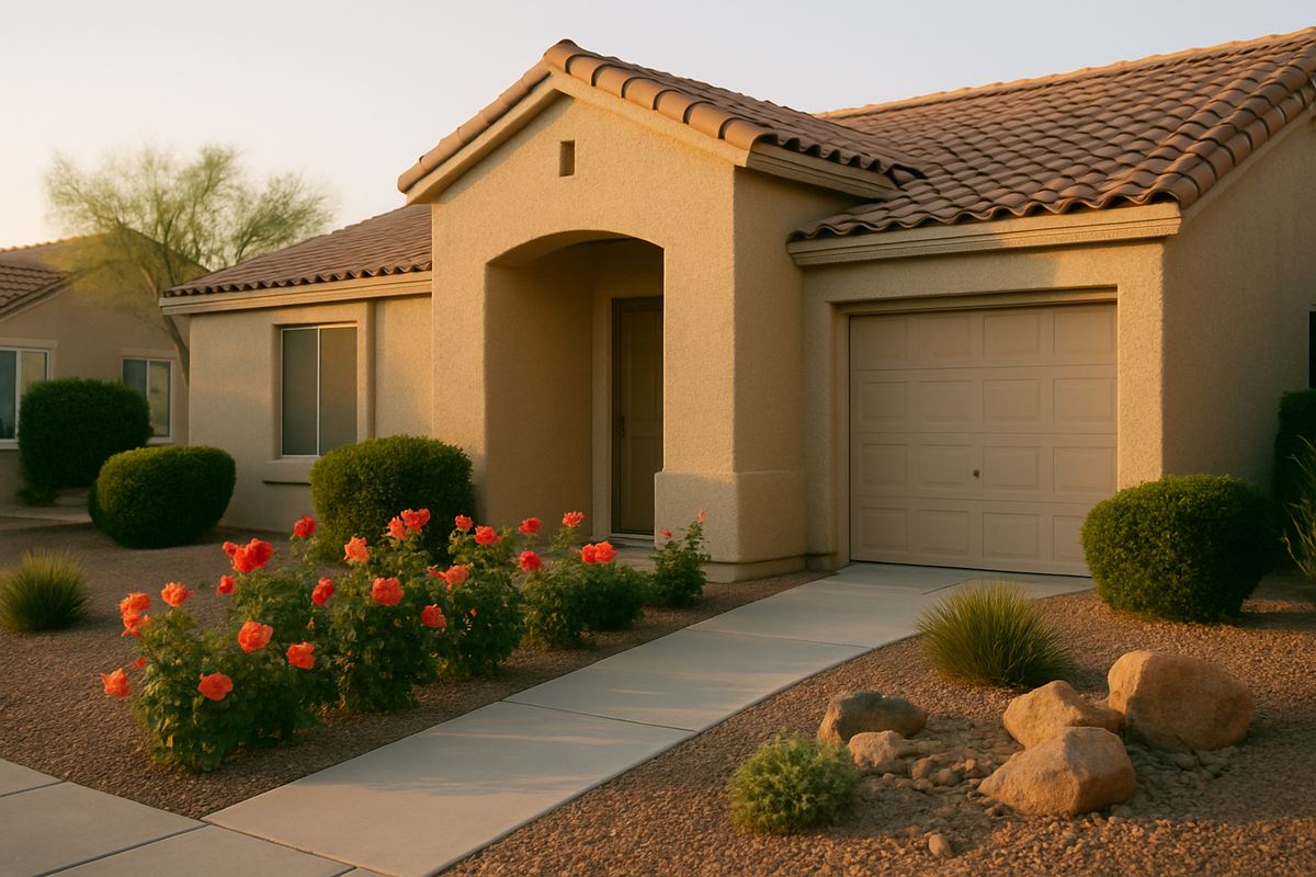 Single-story Las Vegas home with a rose garden along the front walk