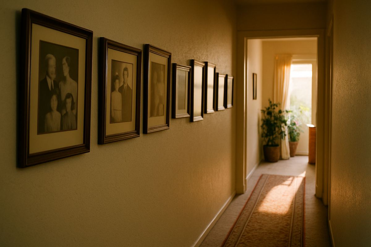 Framed family photos along a sunlit hallway wall