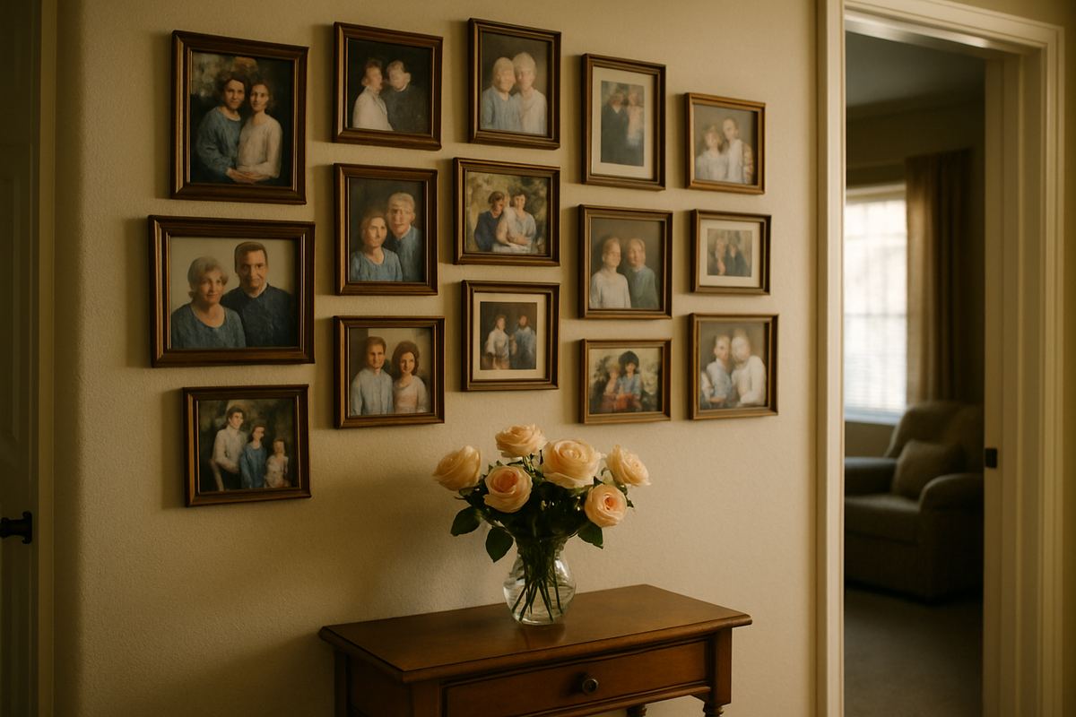 Hallway wall of framed family photographs above a small table