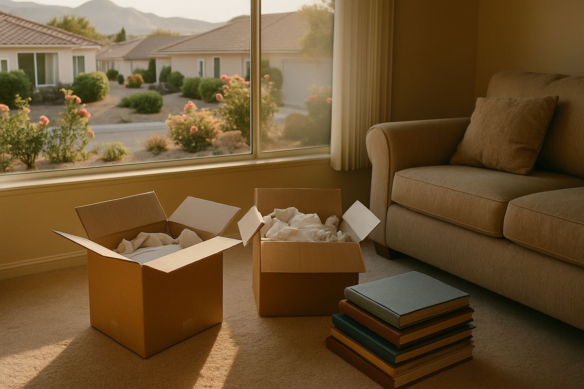 Boxes of wrapped dishes and photo albums in a sunlit living room
