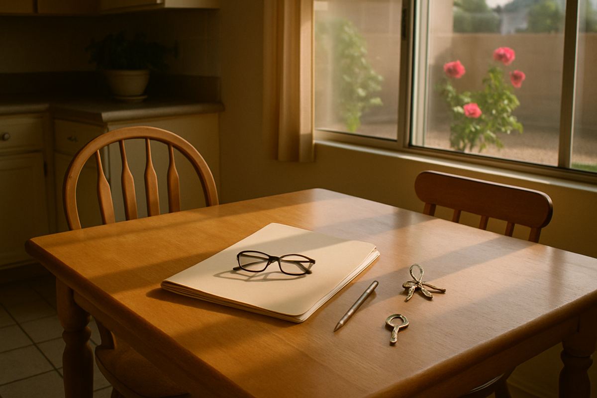 Closing papers, reading glasses and house keys on a sunny kitchen table