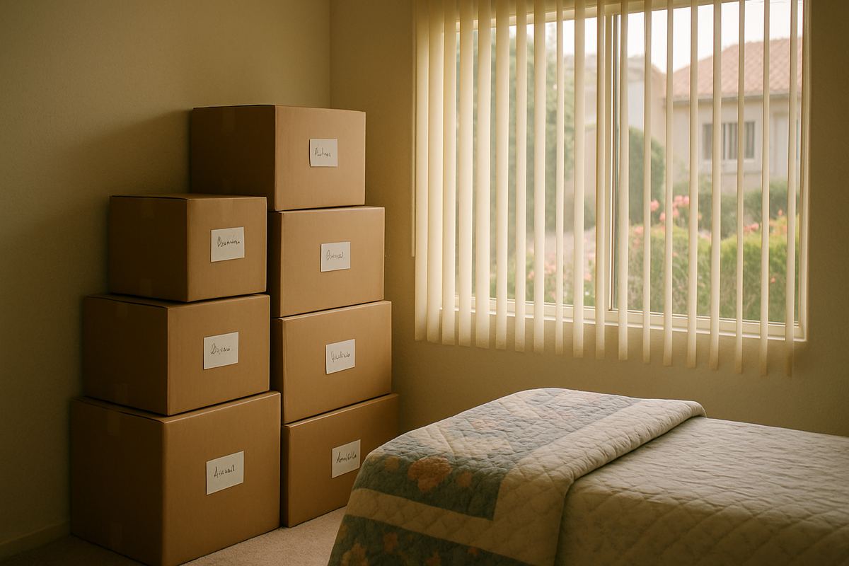 Labeled packing boxes stacked in a quiet guest room