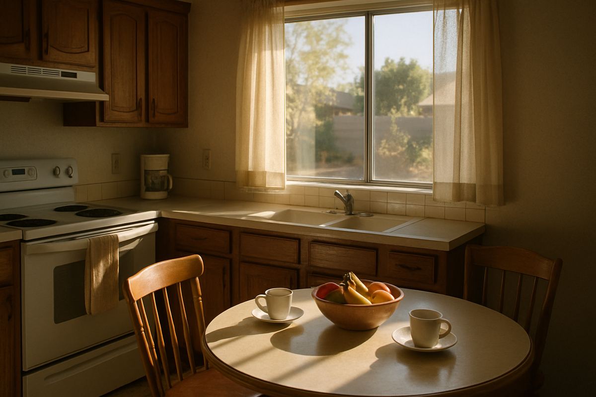 Sunny kitchen with a small table set for two