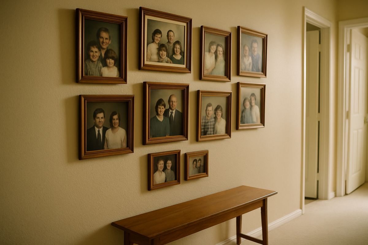Framed family photos along a hallway wall