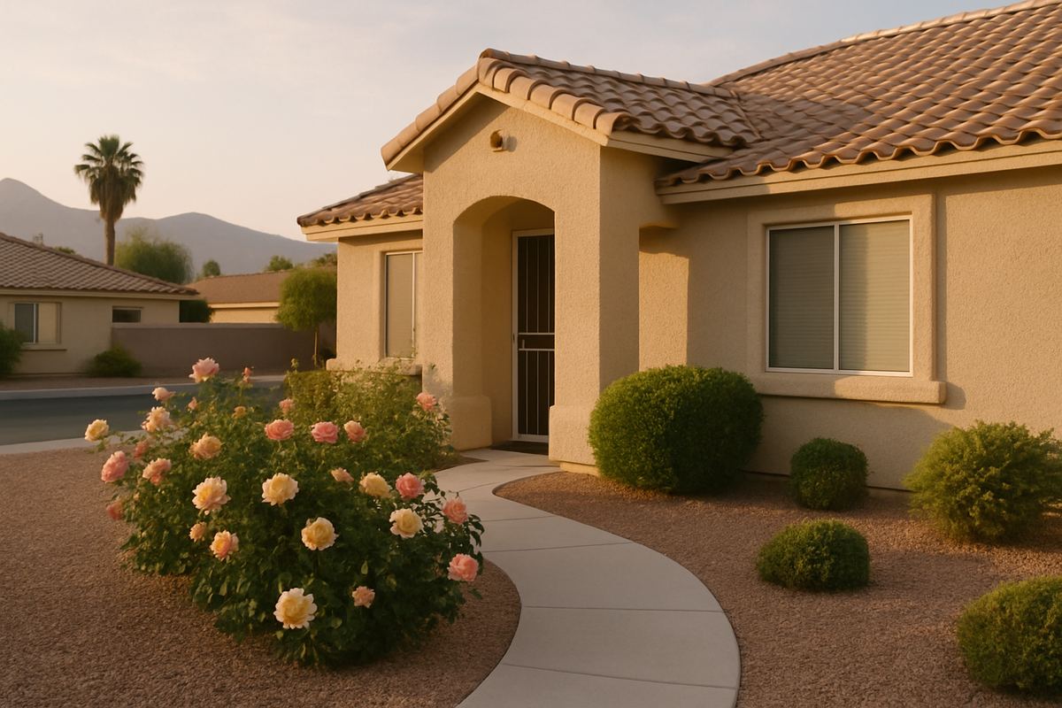Single-story Las Vegas home with a rose garden by the front walk