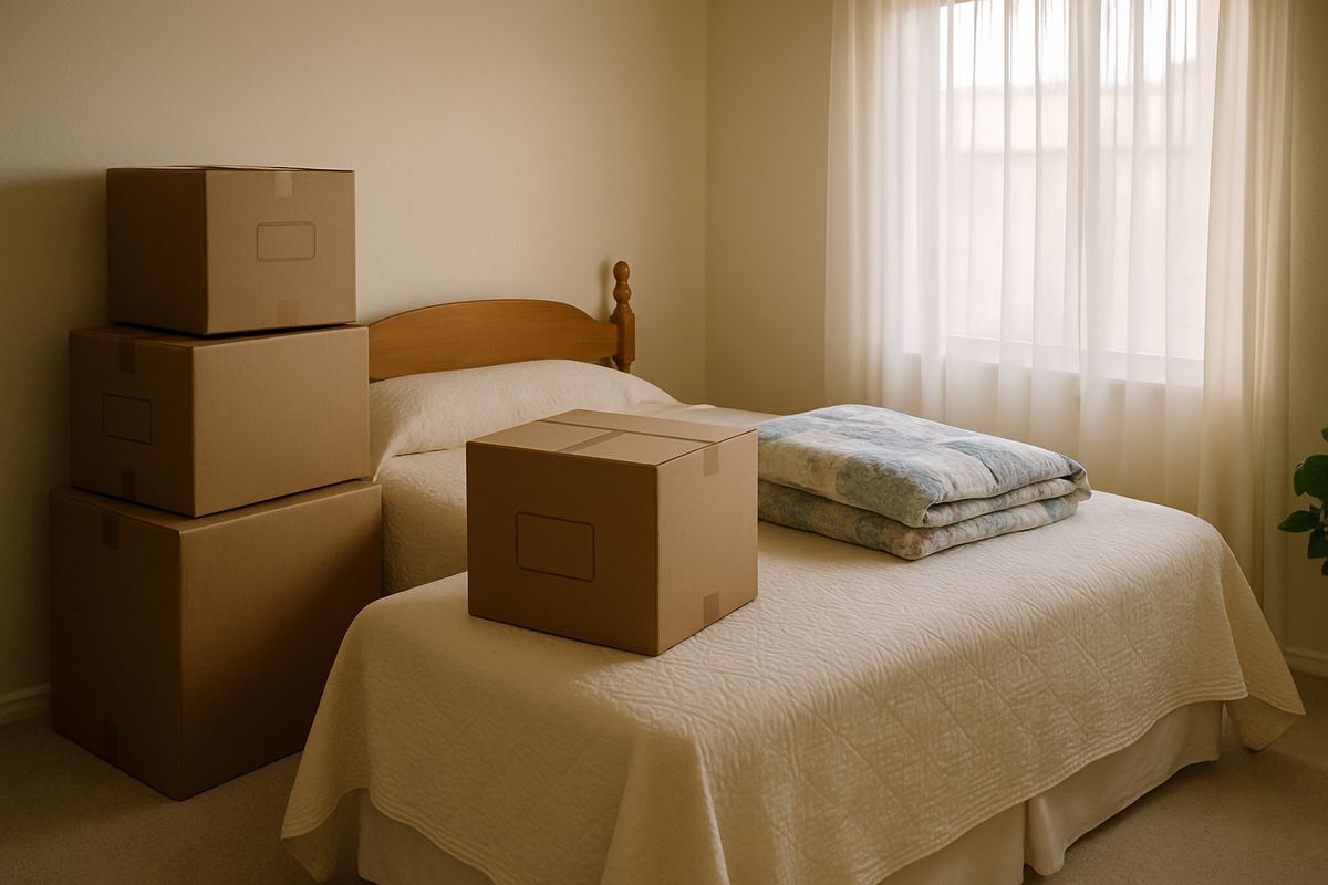 Packing boxes and a folded quilt in a sunny guest room