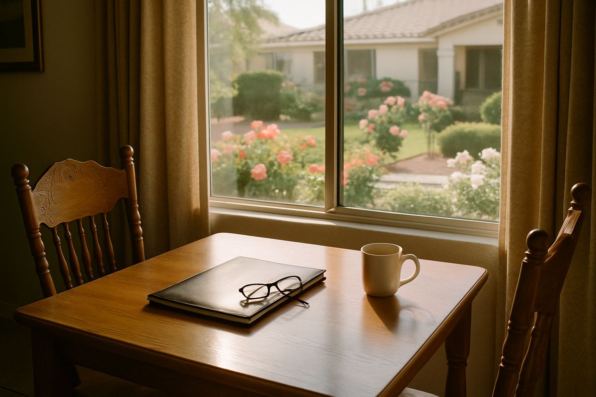 Folder and reading glasses on a dining table by a window