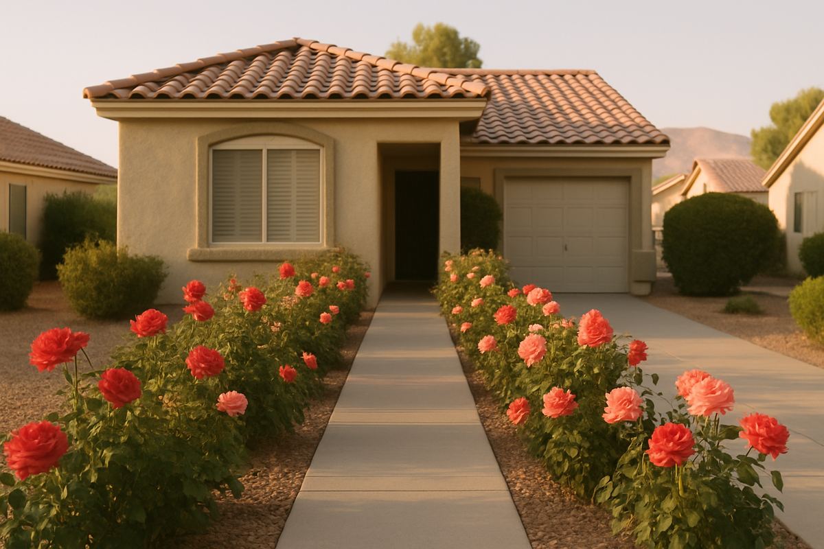Rose-lined walkway to a single-story home with a tile roof