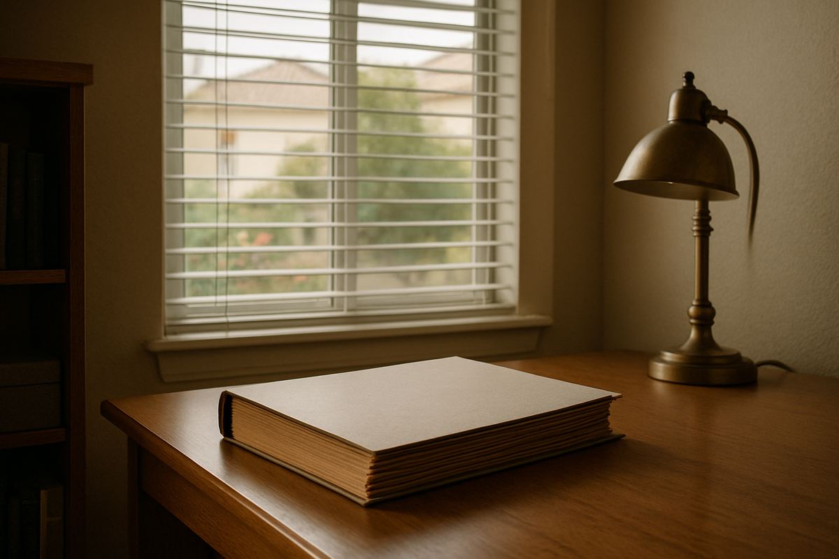 Closed file folder on a wooden home office desk