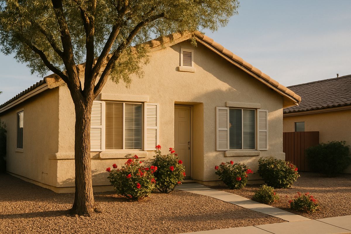 Quiet stucco home with a gravel yard and a mature tree