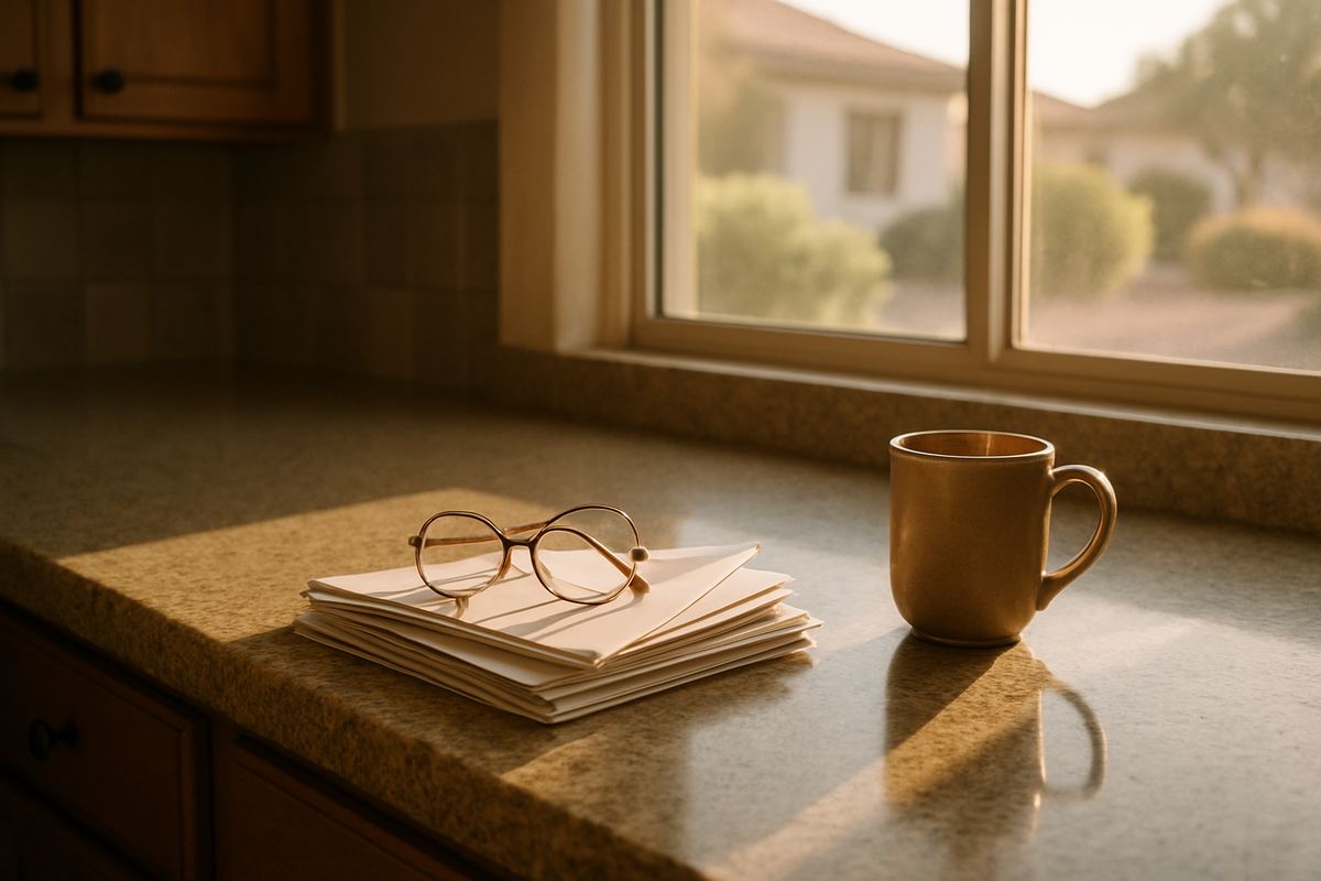 Stacked envelopes and glasses on a kitchen counter