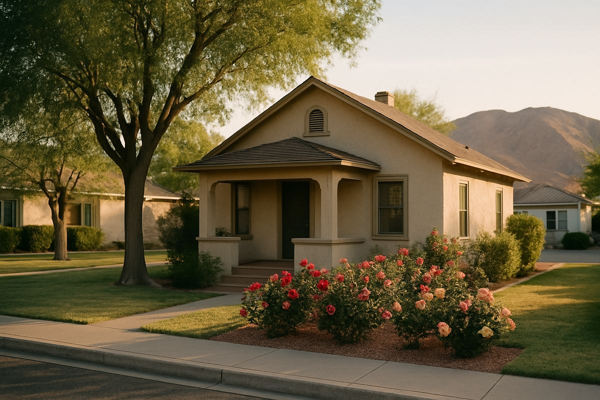 Small 1930s cottage with a porch and rose garden in Boulder City