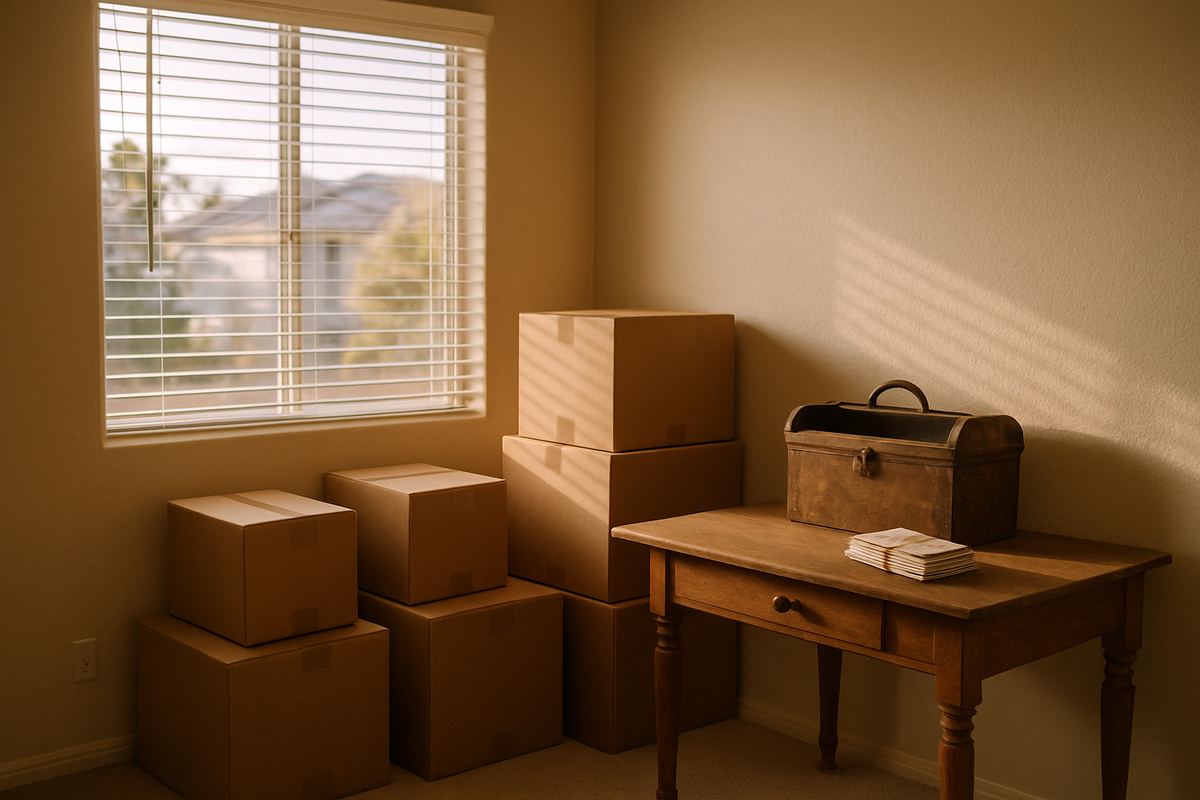 Spare room with labeled packing boxes and an old wooden toolbox