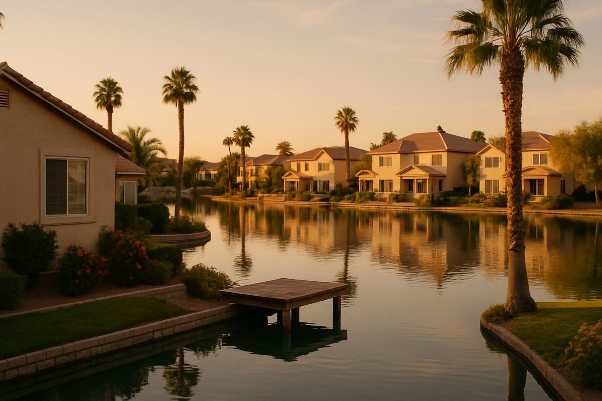 Private dock on a calm residential lake in northwest Las Vegas