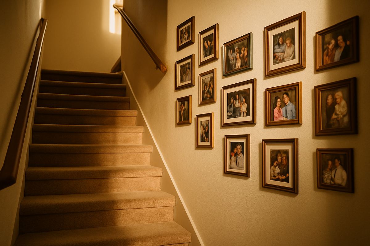 Staircase lined with framed family photos in a two-story home