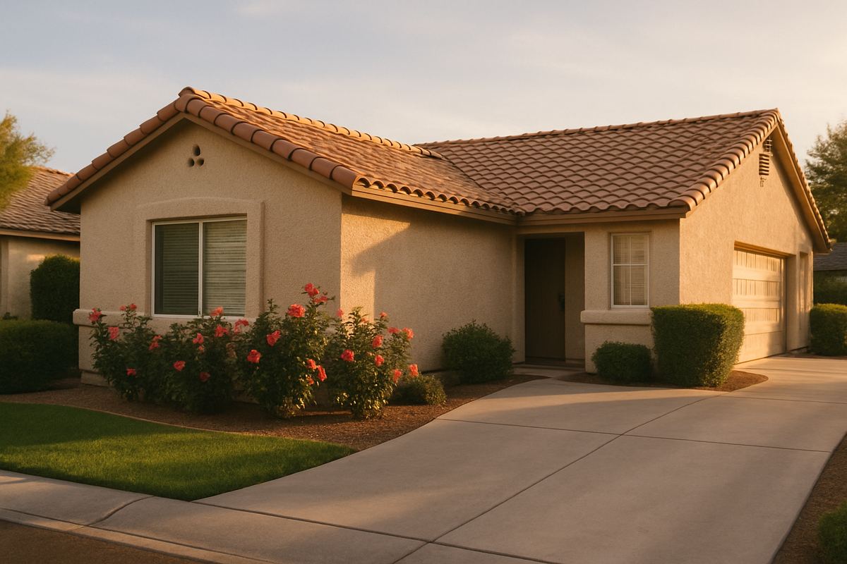 Single-story Henderson stucco home with a rose bed by the window
