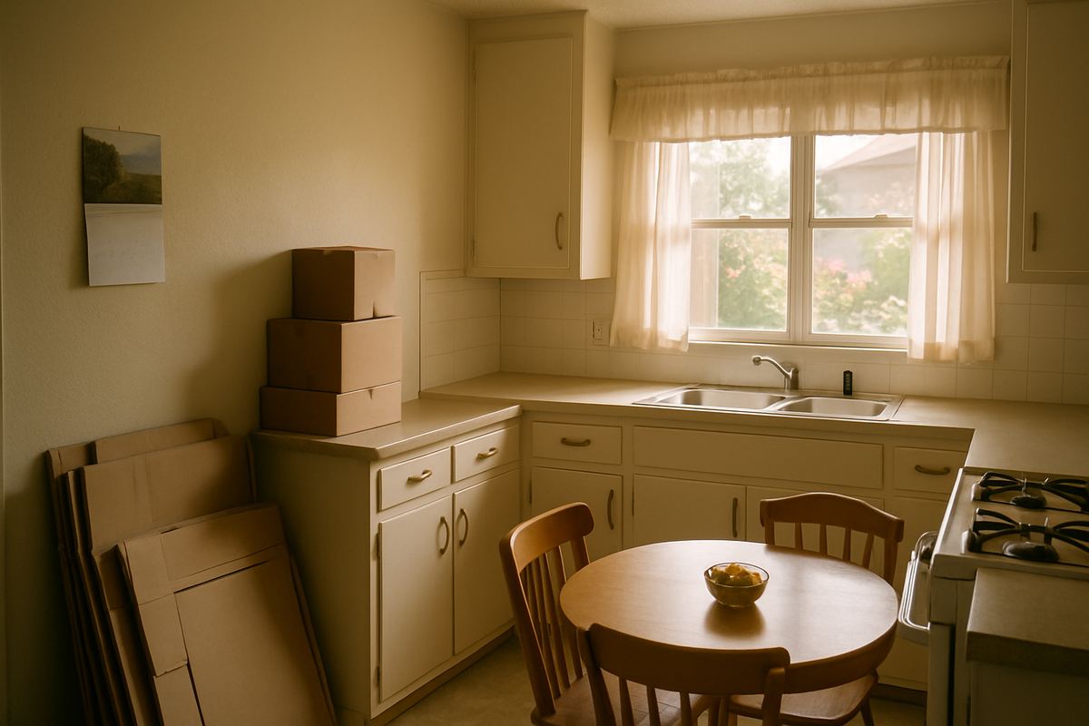 Bright kitchen breakfast nook with flattened moving boxes