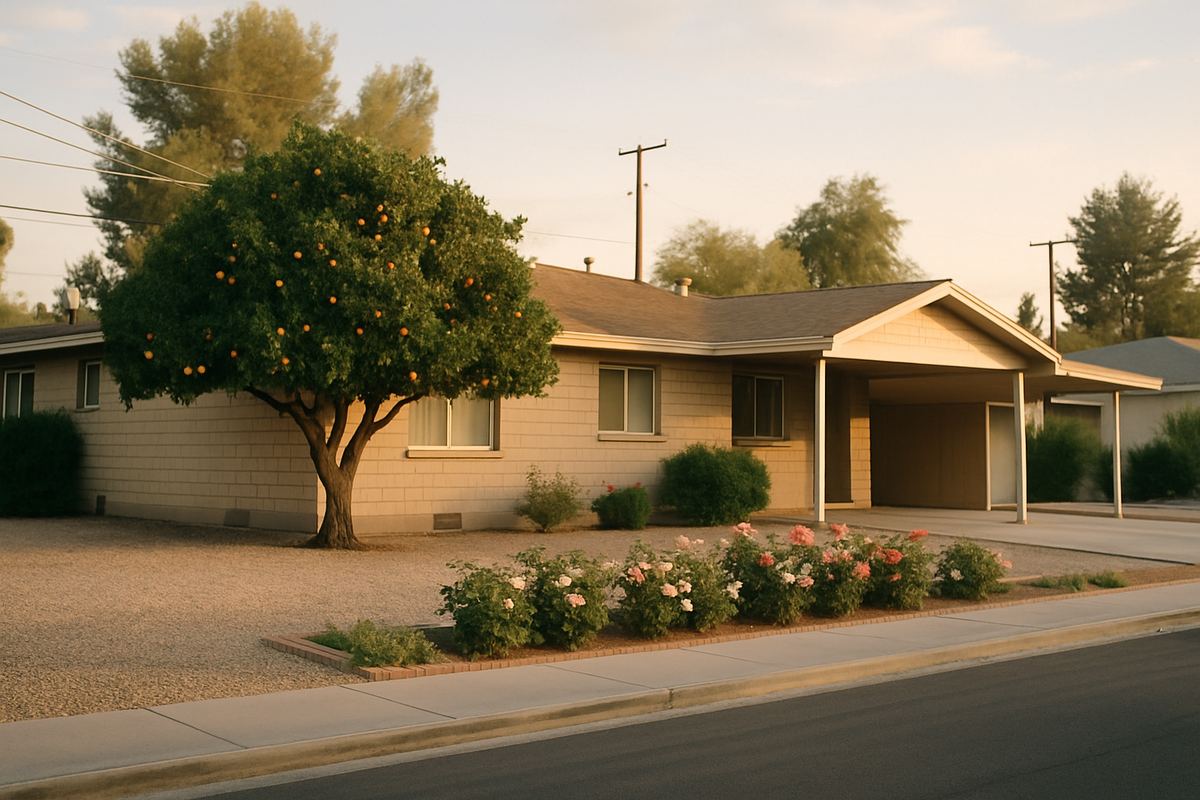 1960s ranch house with a carport and citrus tree near UNLV
