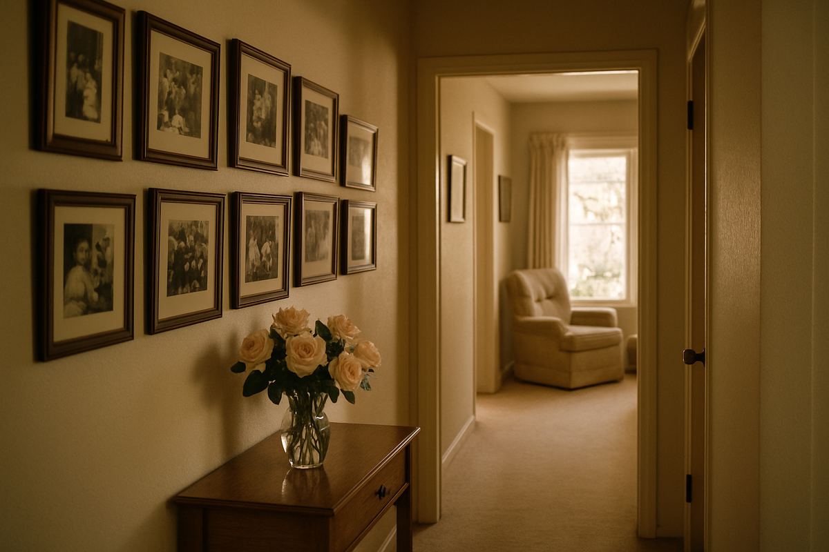 Hallway with framed family photographs in an older Paradise home