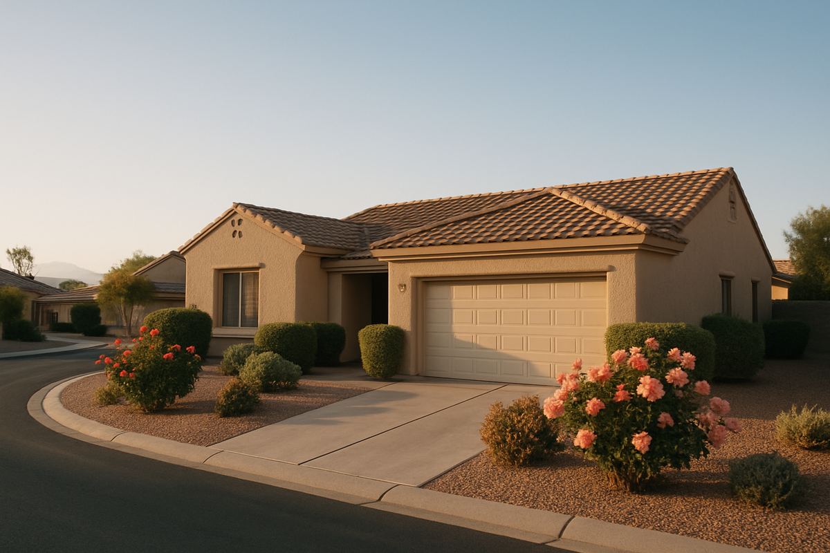 Single-story home with a desert yard on a curving North Las Vegas street