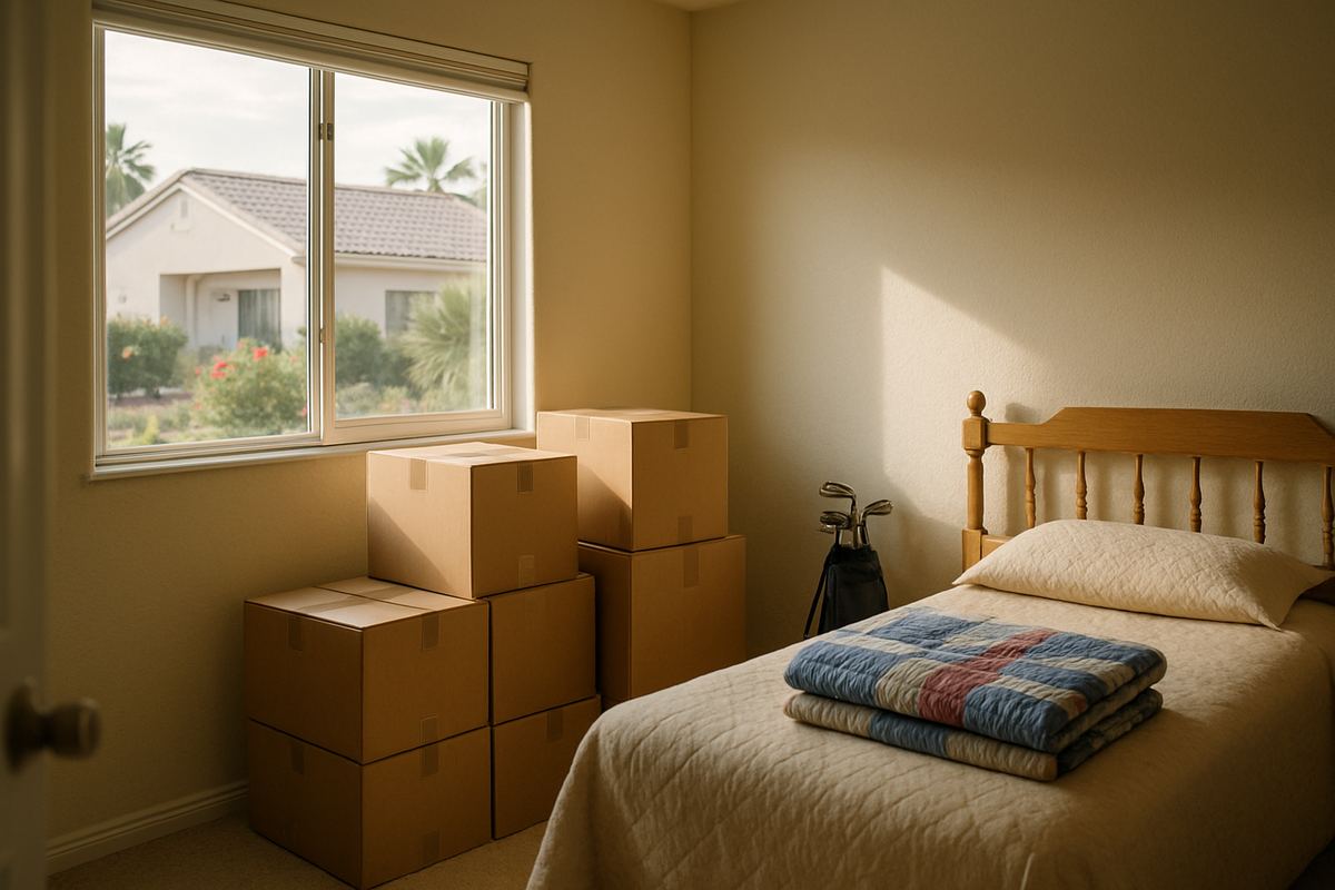 Packing boxes and golf clubs in a sunny guest bedroom