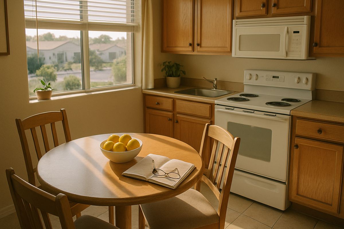 Sunny condo kitchen table with household papers and reading glasses
