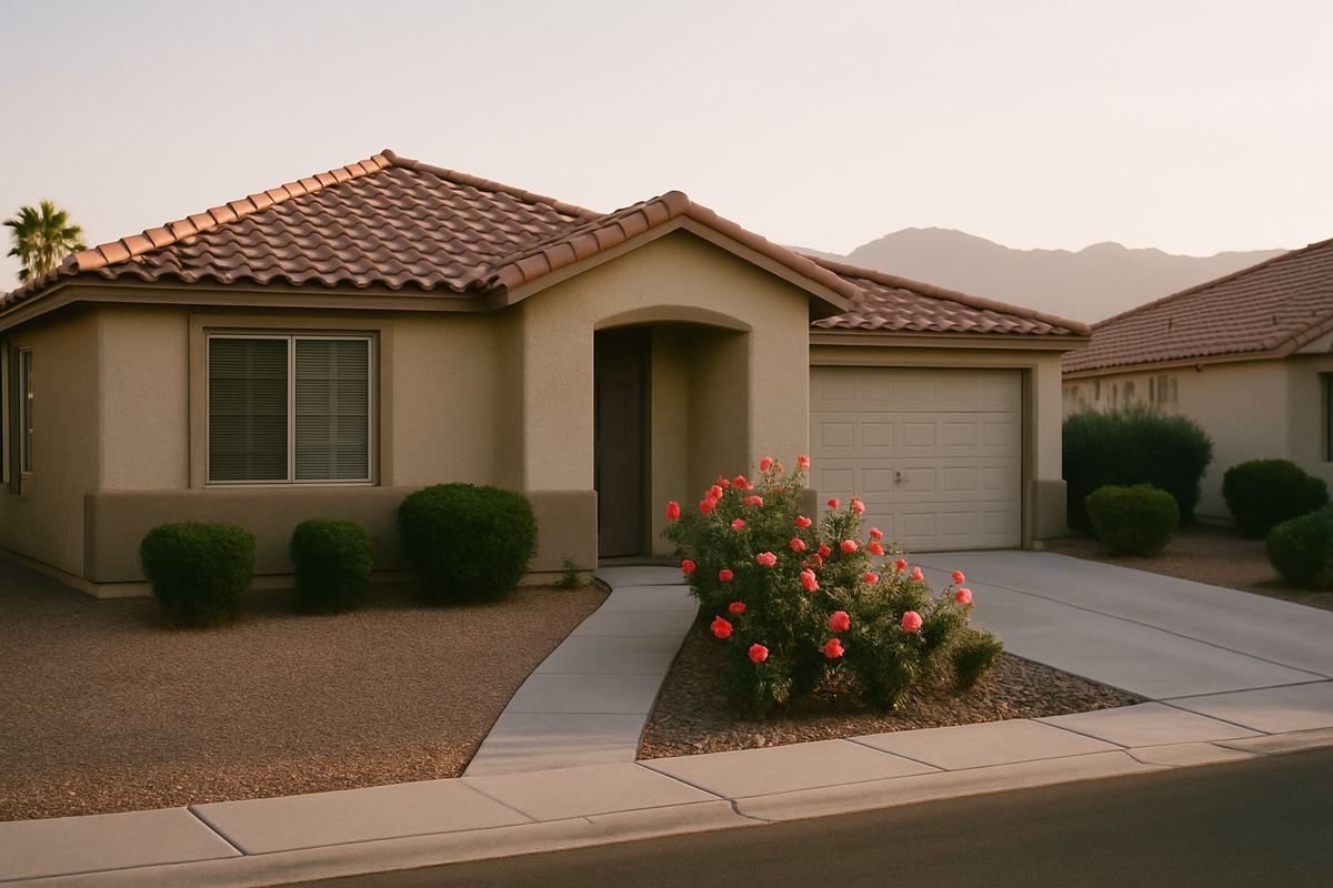 Single-story stucco home with a rose garden on a quiet valley street