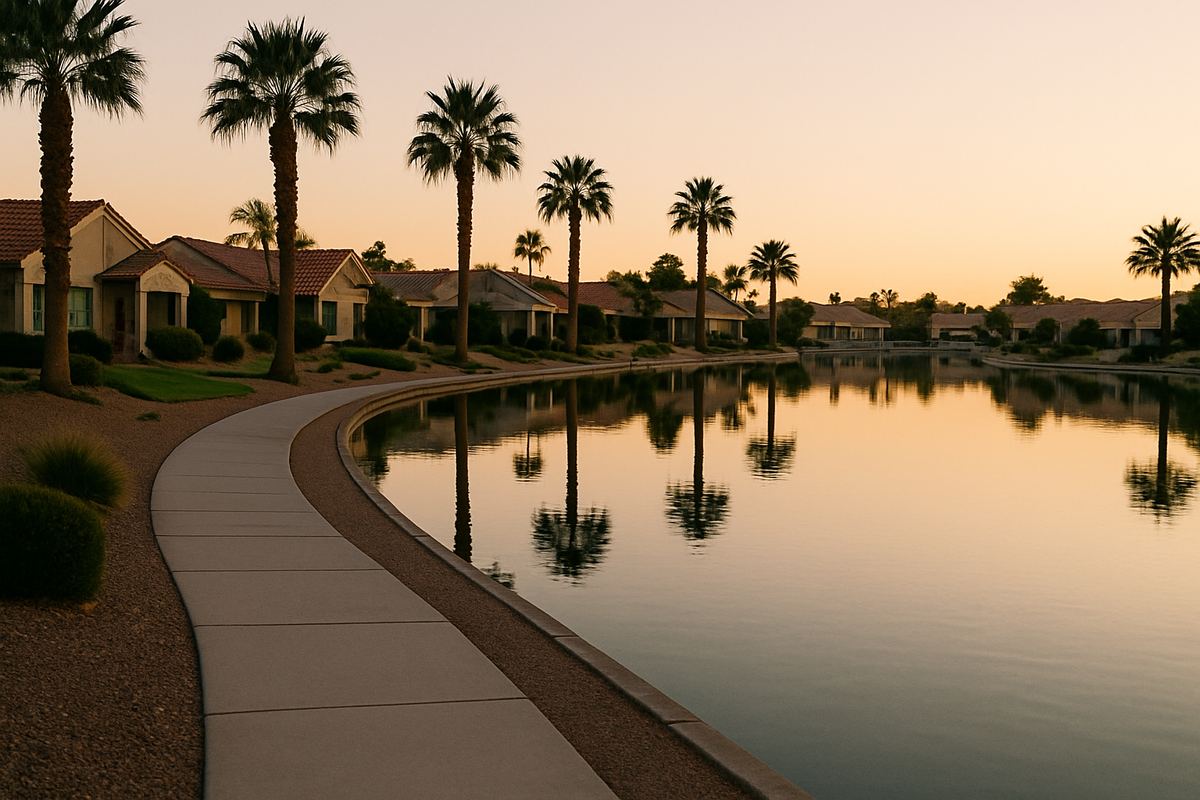 Lakeside walking path in a Las Vegas neighborhood at dusk
