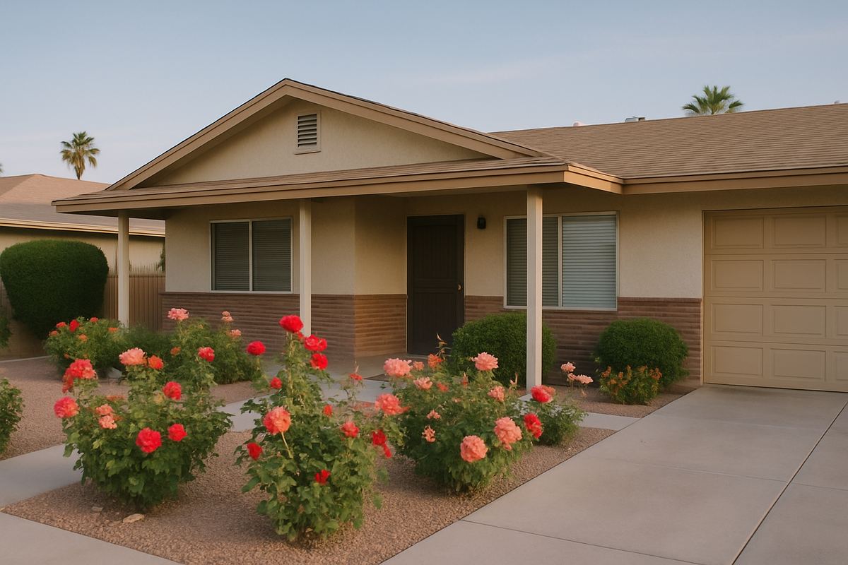 Single-story Las Vegas home with a rose garden and shaded porch