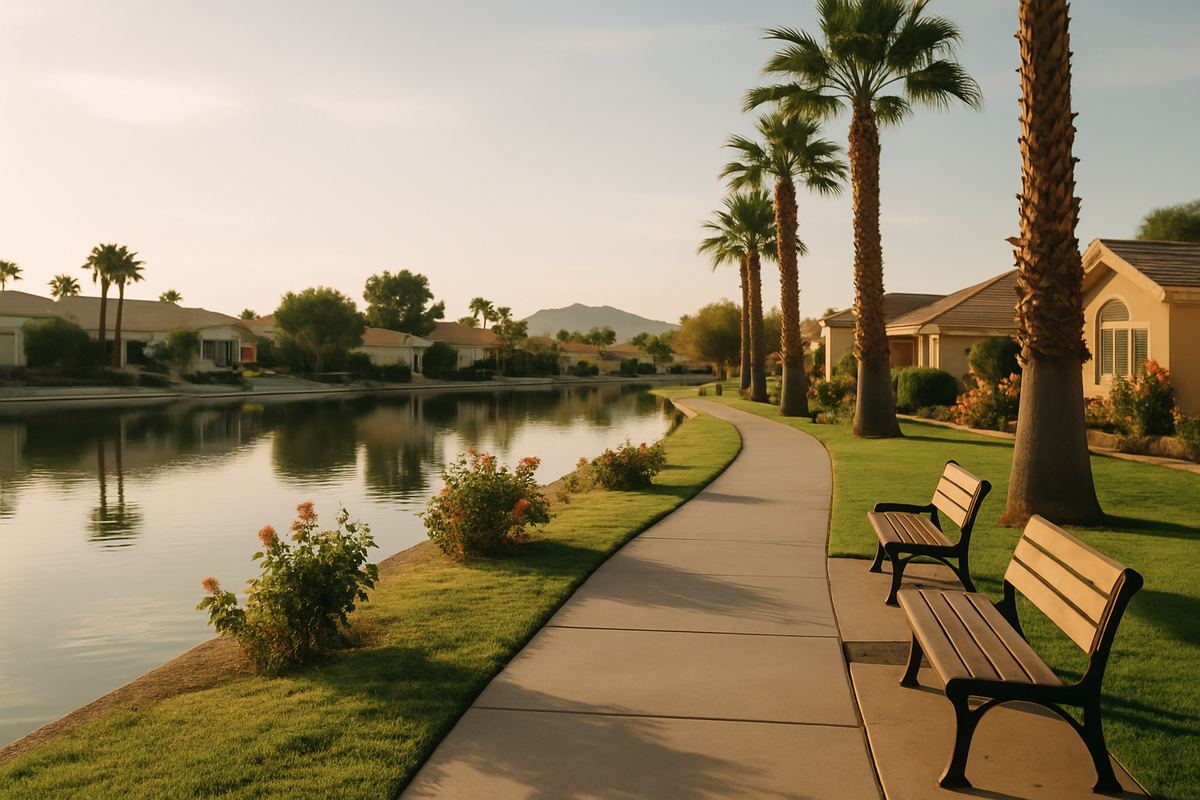 Lakeside walkway with benches and palm trees in morning light