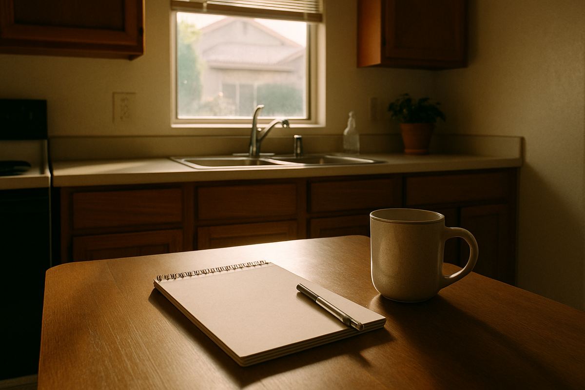 Pen and notepad beside a mug on a kitchen table