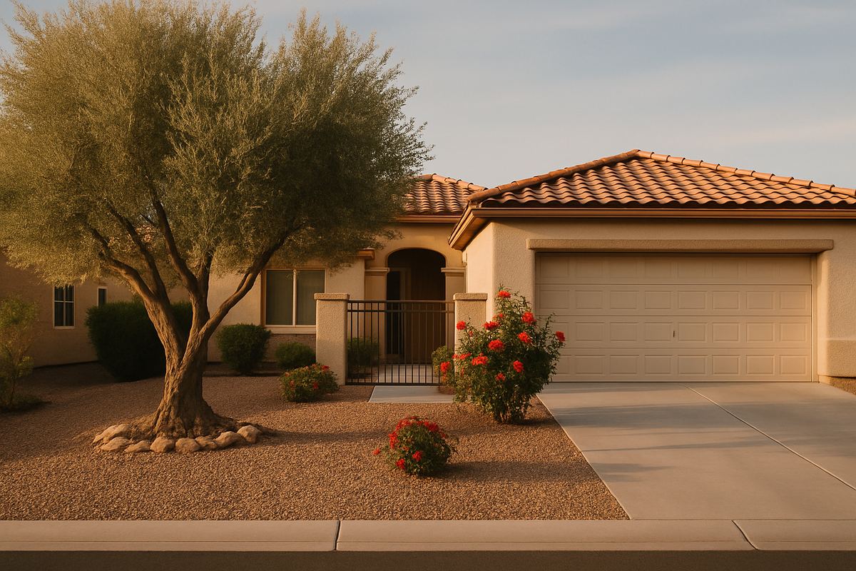Single-story Henderson home with an olive tree in the yard